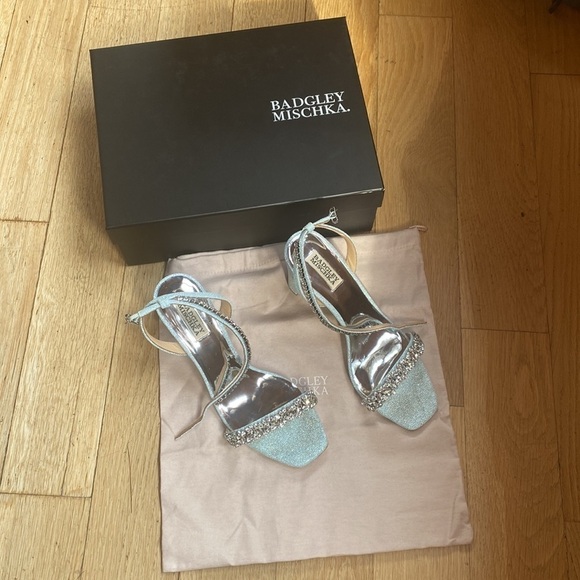 BADGLEY MISCHKA Tasmine Metallic Crystal Ankle-Strap Sandals, Soft Blue 9.5 - Picture 4 of 12